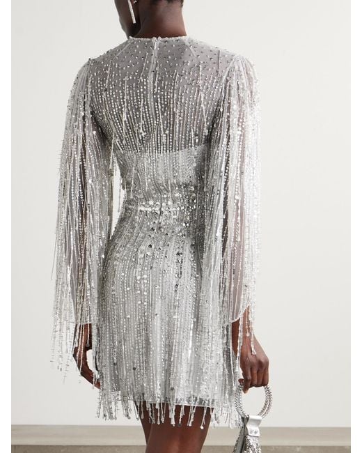Jenny Packham Gray Oberon Ammonite Embellished Fringed Organza Mini Dress