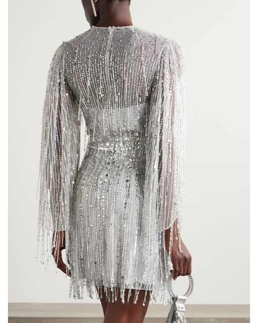 Jenny Packham Gray Oberon Ammonite Minikleid Aus Organza Mit Verzierungen Und Fransen