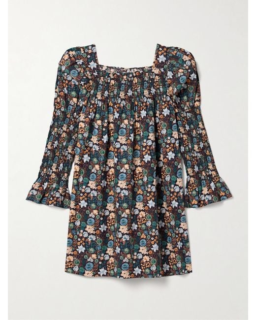 Doen Blue Sabia Shirred Floral-Print Organic Cotton-Poplin Mini Dress