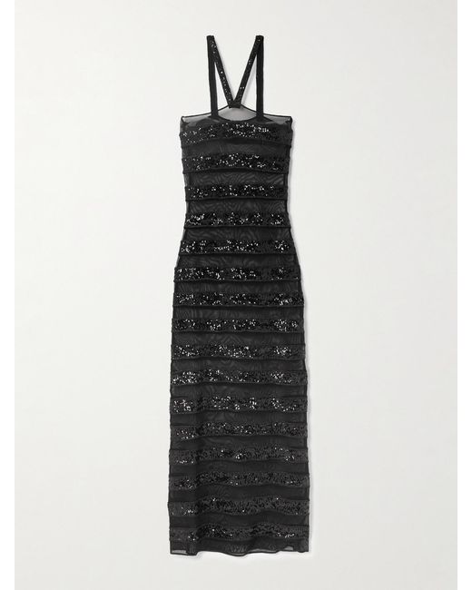 Oseree Black Sequin-Embellished Striped Stretch-Tulle Maxi Dress