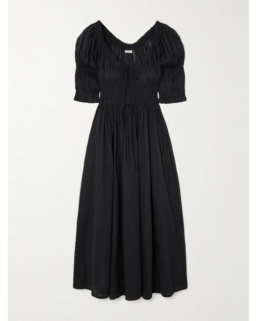 Doen Black Ischia Shirred Organic Cotton-Voile Midi Dress