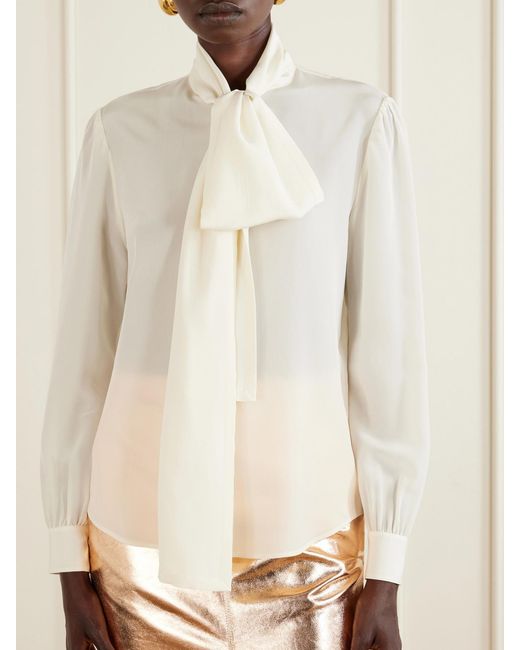 Saint Laurent Natural Tie-Detailed Silk Crepe De Chine Blouse