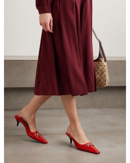 Gucci Red Vittoria Collapsible-Heel Horsebit-Embellished Leather Pumps