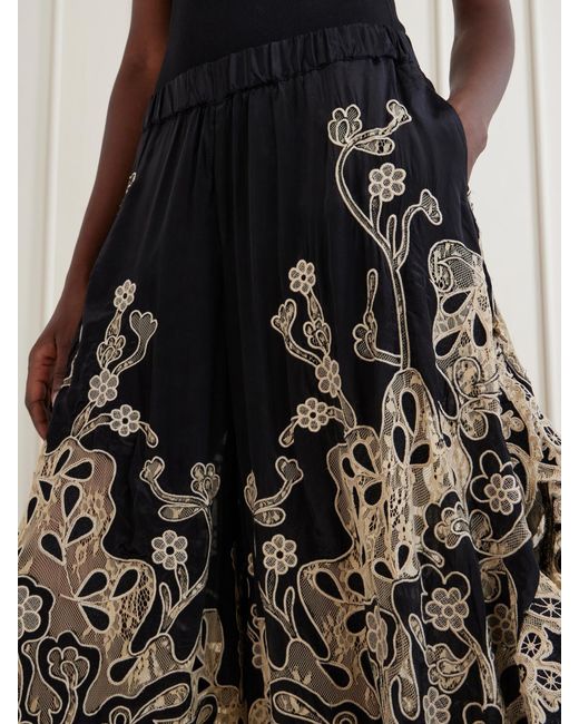 Sea Black Gracelyn Ruffled Lace-Trimmed Cotton Wide-Leg Pants