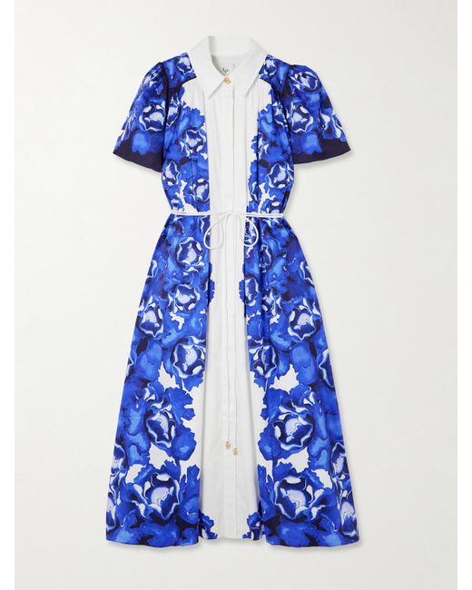 Aje. Blue Fernanda Midi-Hemdblusenkleid Aus Baumwolle Mit Blumenprint, Bindegürtel Und Verzierungen