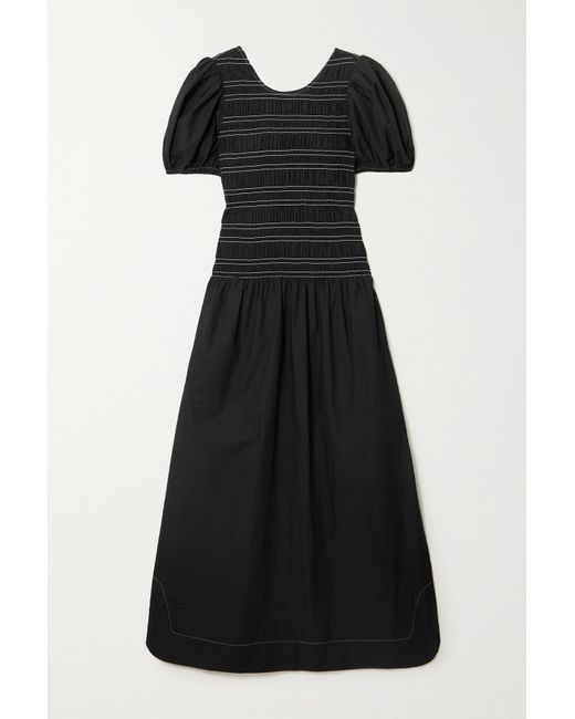 Ganni Smocked Organic Cotton-poplin Midi Dress in Black Womens Clothing Skirts Mid-length skirts 