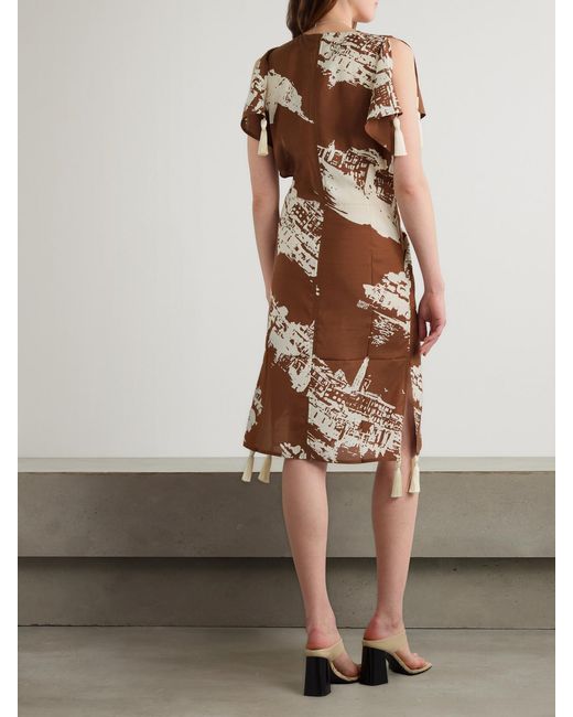 Bottega Veneta Brown Tasseled Printed Silk And Cotton-Blend Shantung Dress