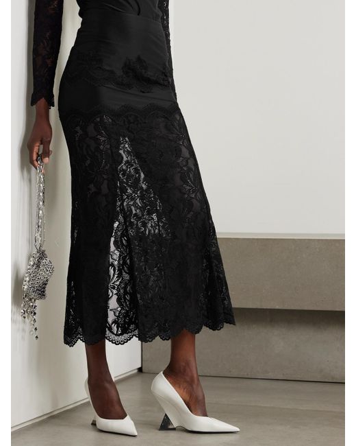 Rabanne Black Scalloped Satin And Lace Midi Skirt