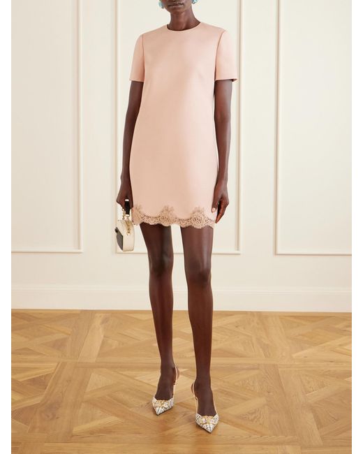 Valentino Garavani Natural Lace-Trimmed Wool And Silk-Blend Crepe Mini Dress