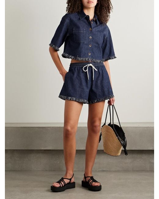 Zimmermann Blue Rhiannon Frayed Cotton-Chambray Shorts