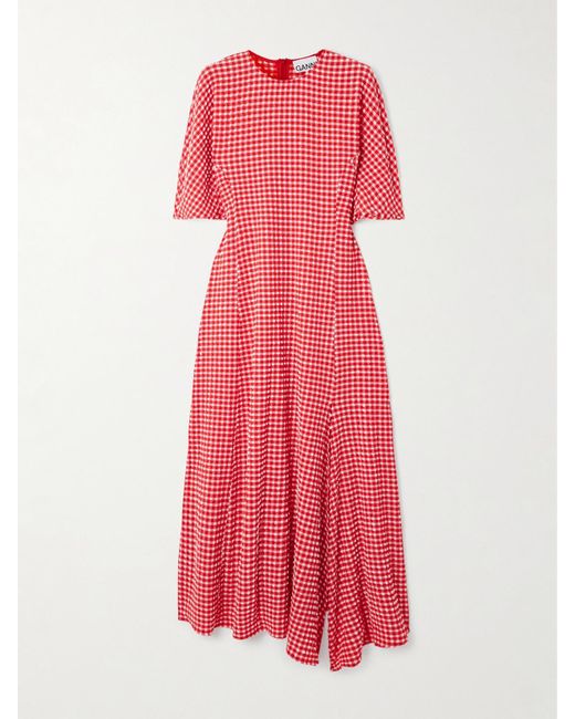Ganni Pink Asymmetric Gingham Recycled-Seersucker Midi Dress