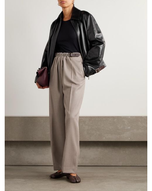 Loewe Natural Leather-Trimmed Pleated Wool-Twill Straight-Leg Pants