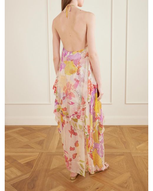 Donde Esteban Pink Flores Ruffled Asymmetric Lace-Trimmed Silk-Chiffon Halterneck Maxi Dress