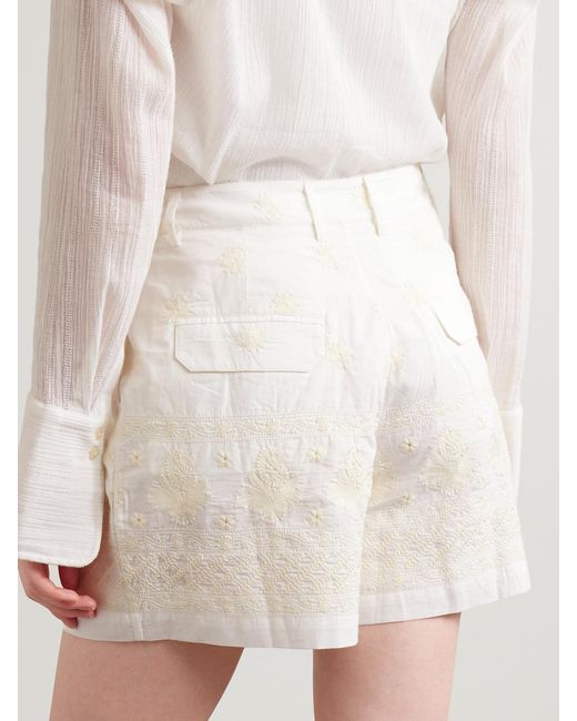 Alix Of Bohemia Natural Deena Pleated Embroidered Cotton-Voile Shorts
