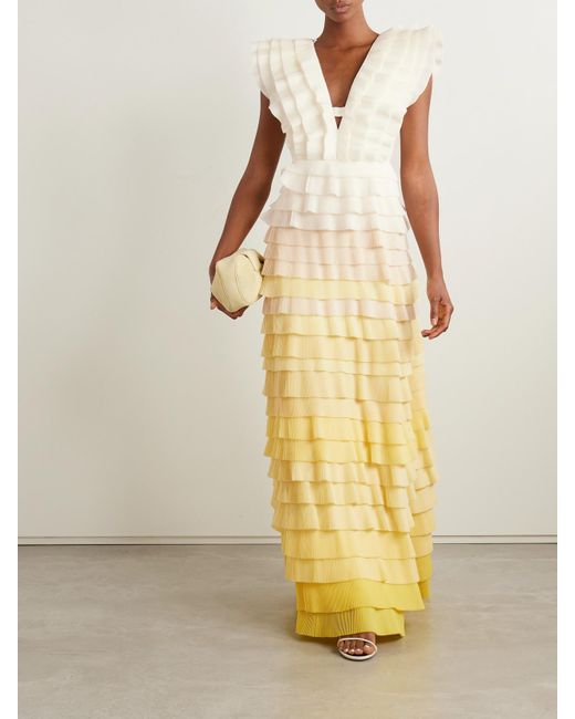 Aje. Yellow Reflection Maxikleid Aus Plissiertem Organza Mit Rüschen Und Farbverlauf