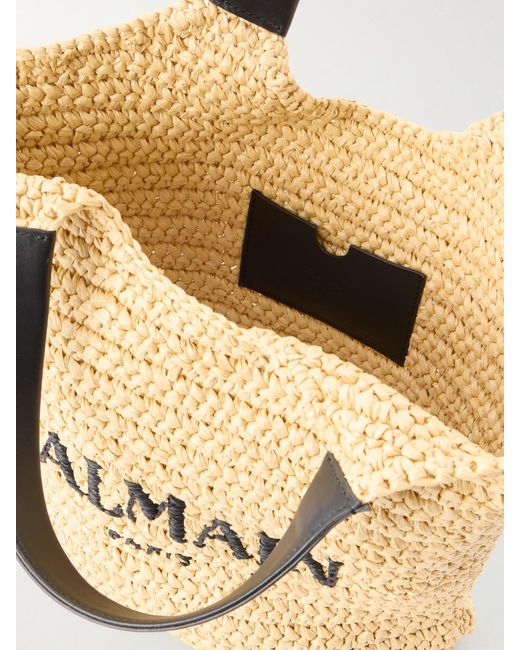 Balmain Natural Cabas Mini Leather-Trimmed Raffia Shoulder Bag