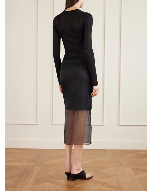 Khaite Black Sybil Layered Frayed Satin-Crepe And Organza Midi Skirt