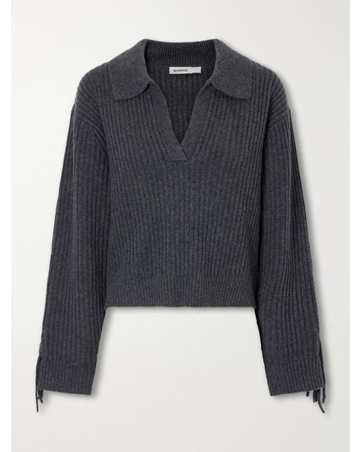 Jonathan Simkhai Blue Natalia Fringed Ribbed Wool And Recycled Cashmere-Blend Polo Sweater
