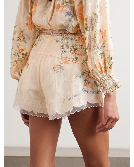 Camilla Natural Crystal-Embellished Tulle-Trimmed Embroidered Floral-Print Satin-Jacquard Shorts