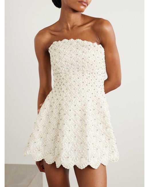 Clio Peppiatt Natural Scallop Strapless Embellished Taffeta Mini Dress