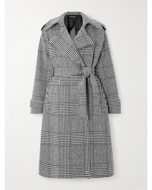 Dolce & Gabbana Gray Doppelreihiger Trenchcoat Aus Einer Wollmischung Mit Glencheck-Muster Und Gürtel