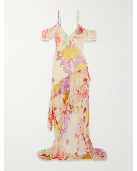 Donde Esteban White Flores Maxikleid Aus Seidenchiffon Mit Blumenprint Und Volants