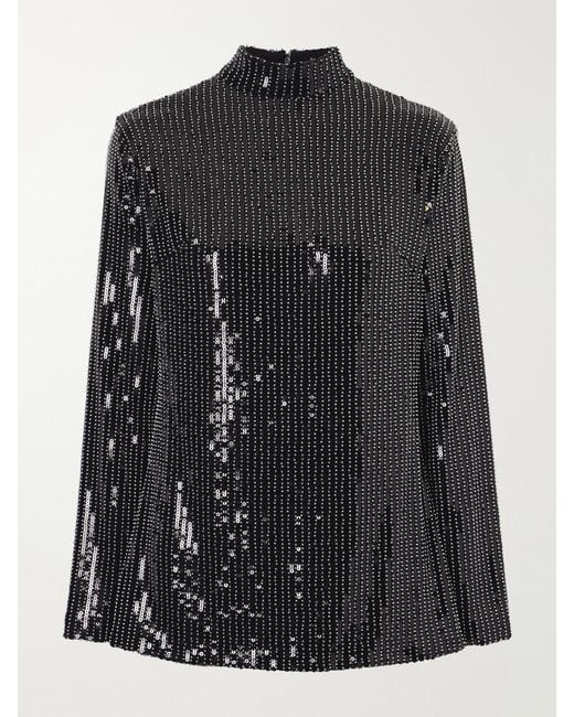 Dima Ayad Black Studded Sequin-Trimmed Jersey Blouse
