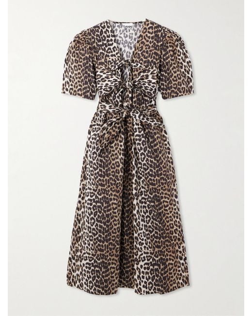 Ganni Multicolor Belted Bow-Embellished Leopard-Print Cotton-Poplin Midi Dress