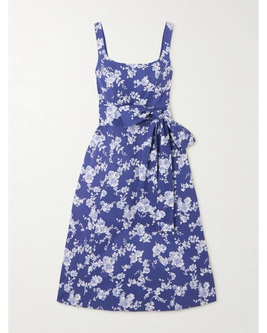 Carolina Herrera Blue Belted Floral-Print Faille Midi Dress