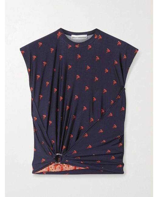 Rabanne Blue Wrap-Effect Printed Stretch-Jersey Top