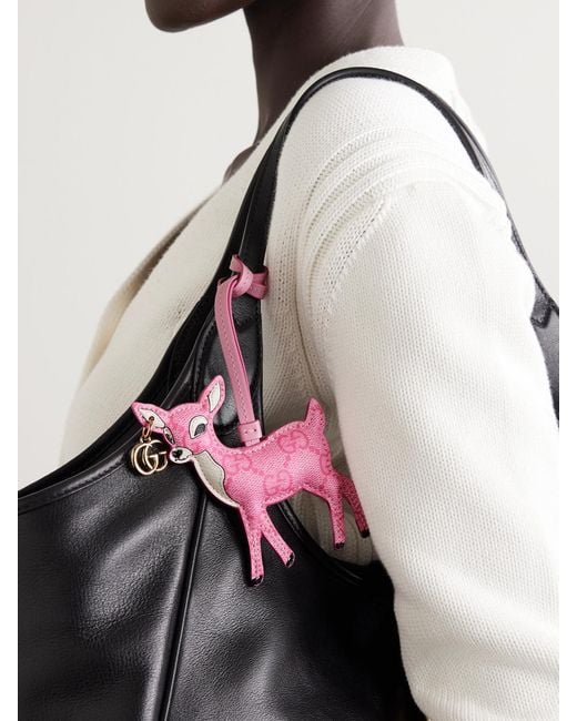 Gucci Pink Embellished Leather-Trimmed Coated-Canvas Bag Charm