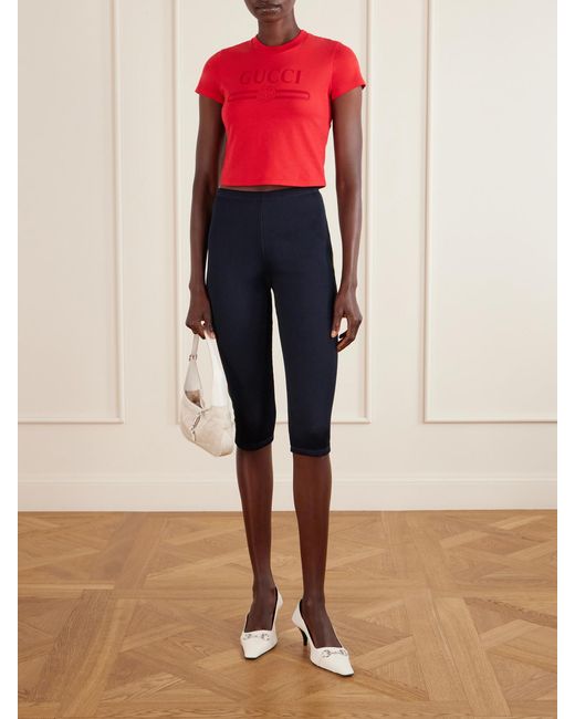 Gucci Red Logo-Print Cropped Cotton-Blend T-Shirt