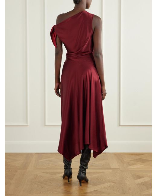 Staud Red Portia Tie-Detailed Draped Silk-Satin Dress