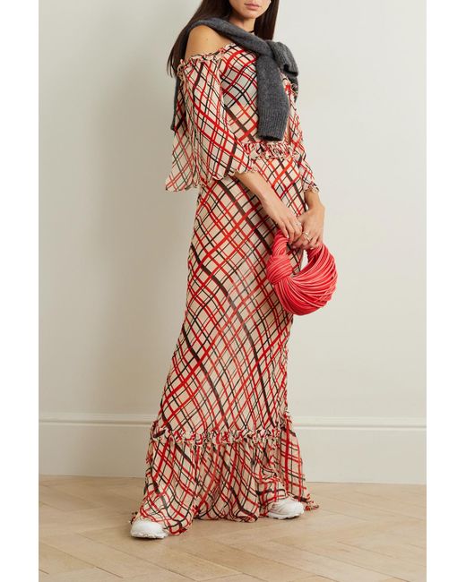Bode Landis Ruffled Checked Crepe De Chine Halterneck Maxi Dress in Red |  Lyst