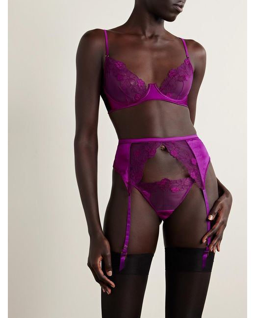 Kiki de Montparnasse Purple Satin-Trimmed Appliquéd Embroidered Tulle Thong