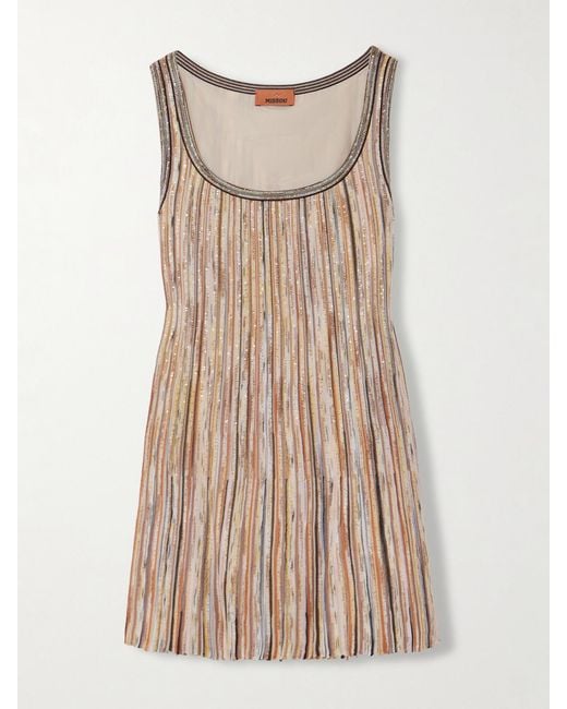 Missoni Natural Striped Sequined Metallic Ribbed-Knit Mini Dress