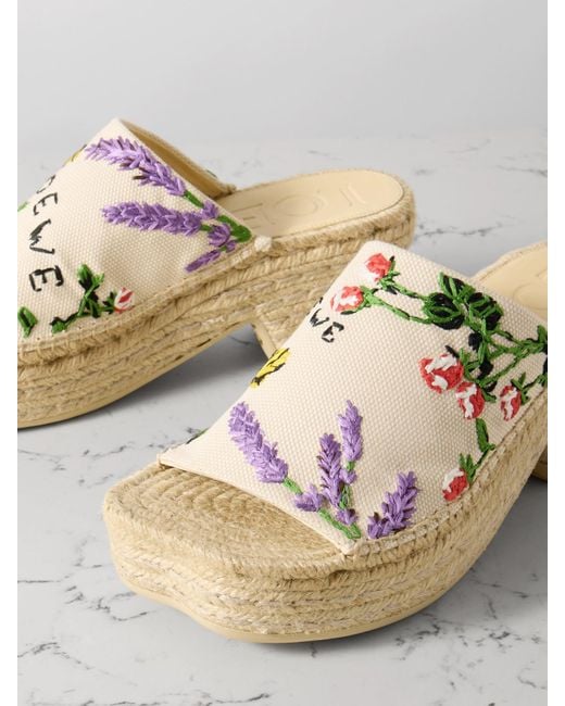 Loewe Metallic Paula's Ibiza Petal Embroidered Canvas Platform Espadrille Mules