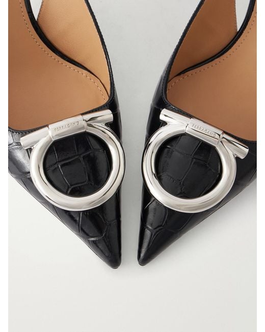 Ferragamo Natural Sara 40 Embellished Croc-Effect Leather Slingback Pumps
