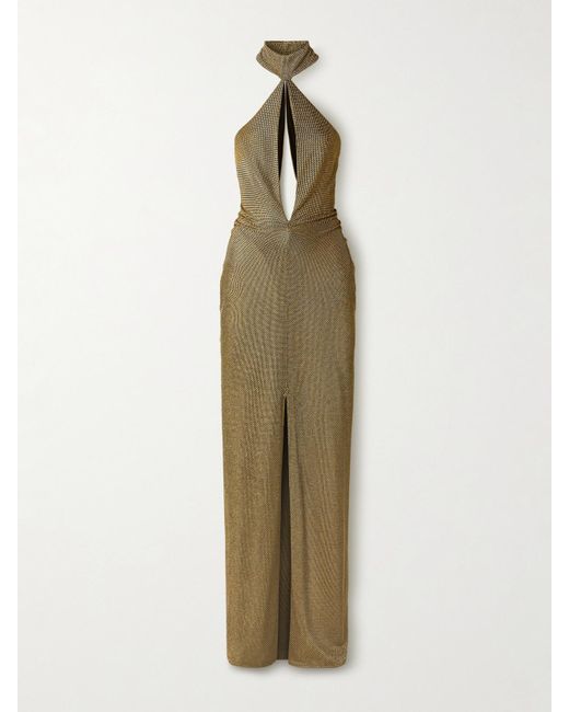 Tom Ford Natural Cutout Metallic Stretch-Knit Halterneck Gown