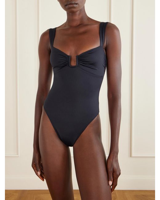 Away That Day Blue Cannes Embellished Gathered Swimsuit