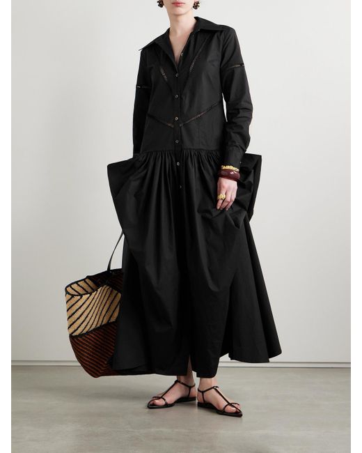 DIOTIMA Black Ritual Crochet-Trimmed Gathered Cotton-Poplin Midi Shirt Dress