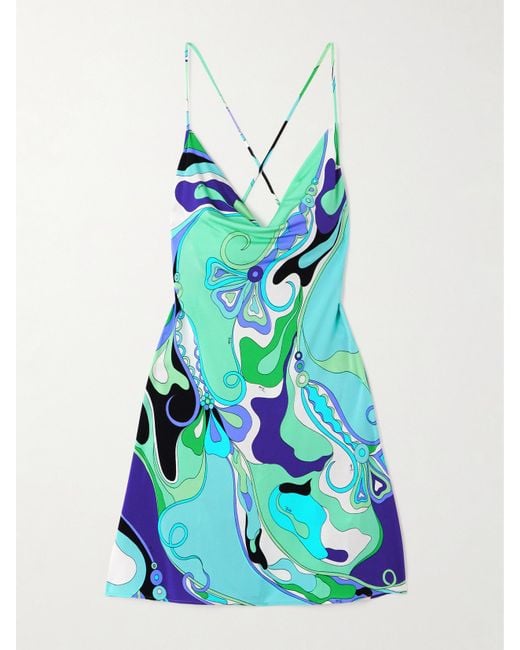 Emilio Pucci Blue Draped Printed Stretch-Jersey Mini Dress