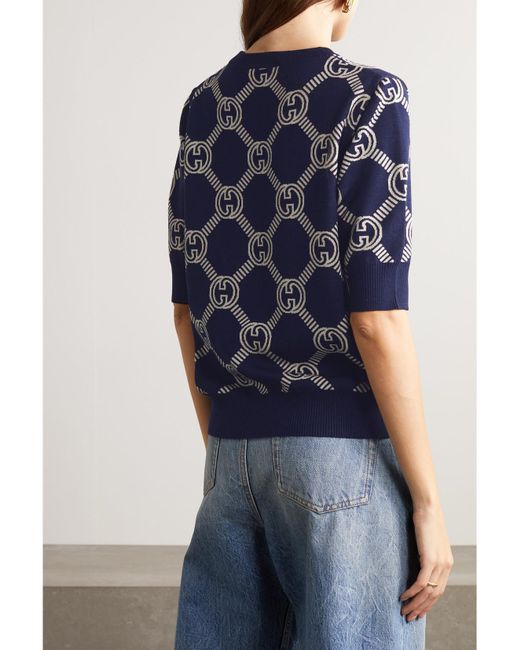 Gucci Blue Navy Reversible gg Jacquard Wool Sweater