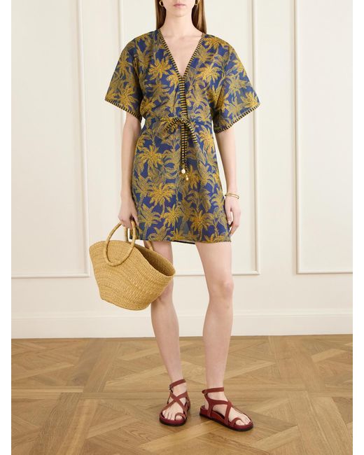 Eres Green Peninsule Embellished Printed Cotton-Voile Mini Dress