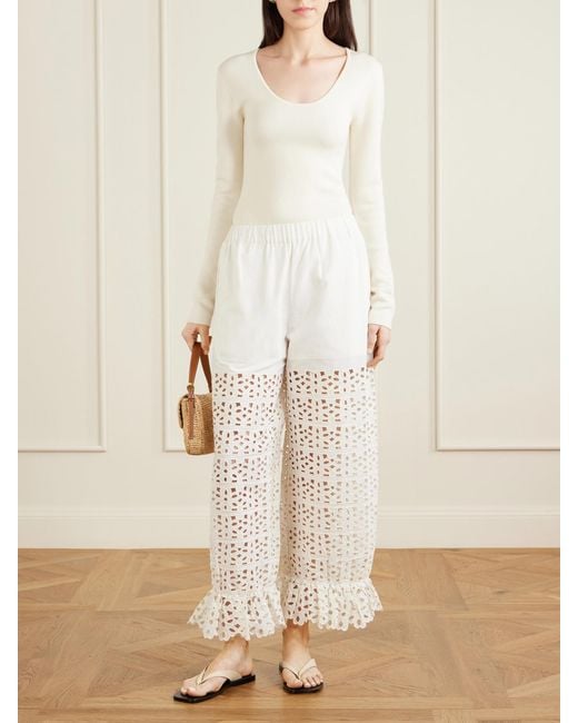 Sea White Leila Broderie Anglaise-Trimmed Cotton And Linen-Blend Wide-Leg Pants