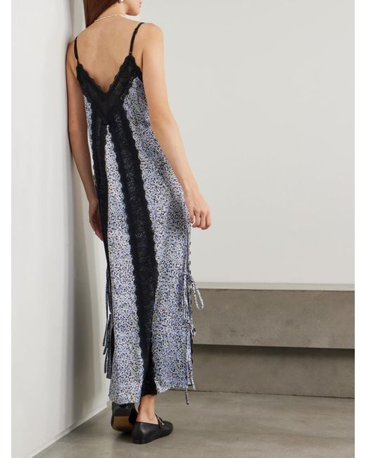 Kika Vargas Blue Sunita Tie-Detailed Lace-Trimmed Leopard-Print Stretch-Satin Maxi Dress