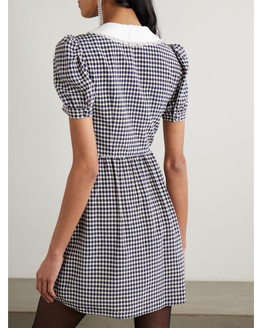 Alessandra Rich Blue Minikleid Aus Seiden-Crêpe Mit Gingham-Karo Und Spitzenbesatz