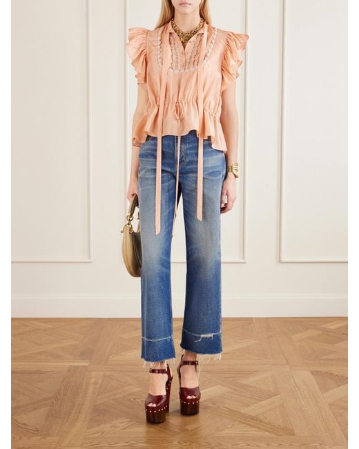 Chloé Pink Ruffled Lace-Trimmed Silk-Habotai Blouse
