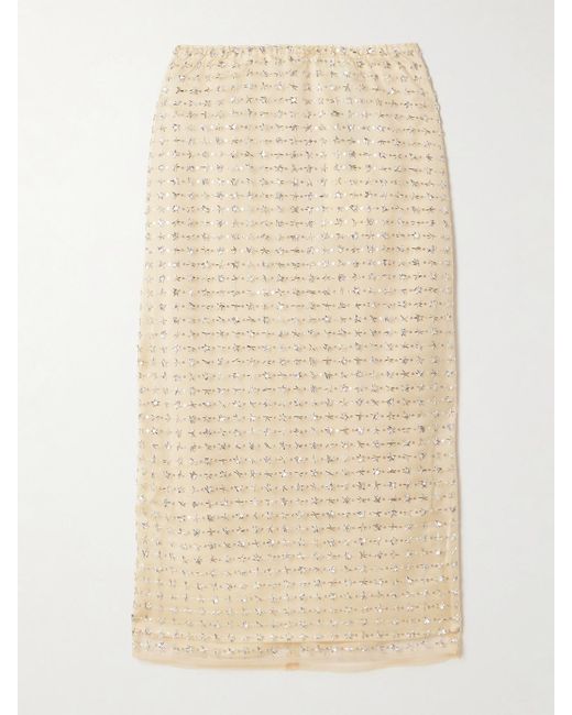 Staud Natural Ciara Layered Embellished Tulle Midi Skirt