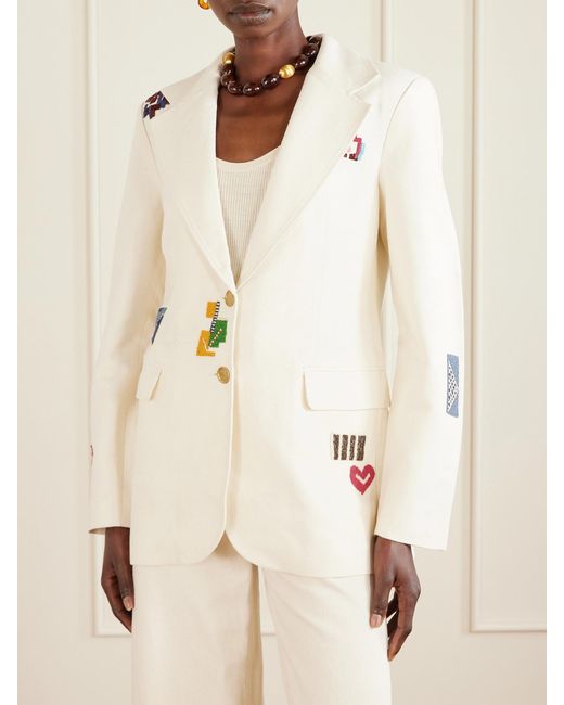 Alix Of Bohemia Natural Afternoon Abstract Tile Bead-Embellished Silk Blazer